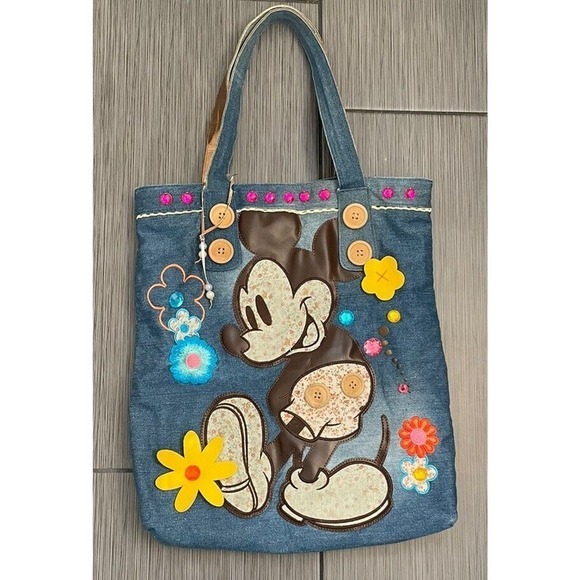 Walt Disney World Handbags - Walt Disney World Mickey Mouse Denim Embroidery Flowers Button Large Tote Purse